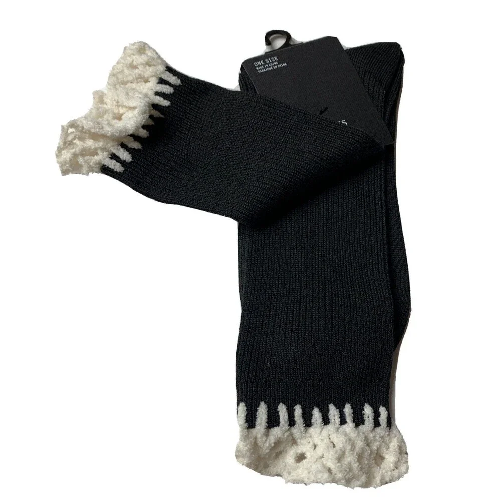 NWT Free Press Legwear Crew Socks Black W/Hand Knit White Chenille Boot Top